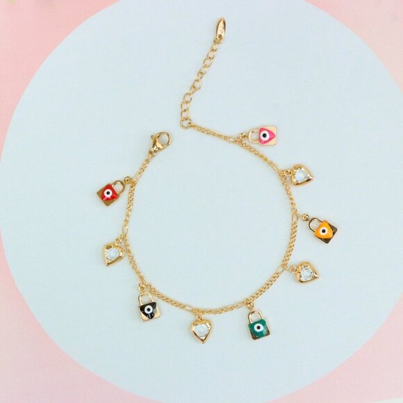 "Rose Gold Evil Eye & Heart Charm Anklet in Gold Plated Brass, XPAL1193 - Picture 4 of 12